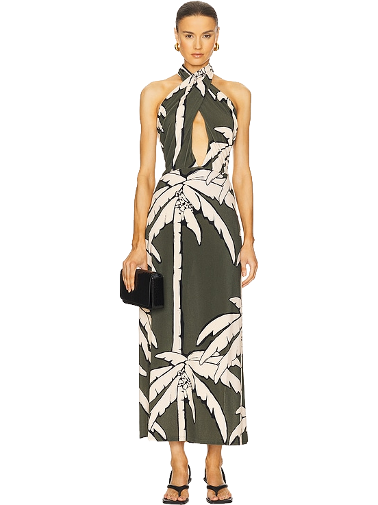 Johanna Ortiz Oceanic Mantra Ankle Dress - Salty Palms Green & Ecru