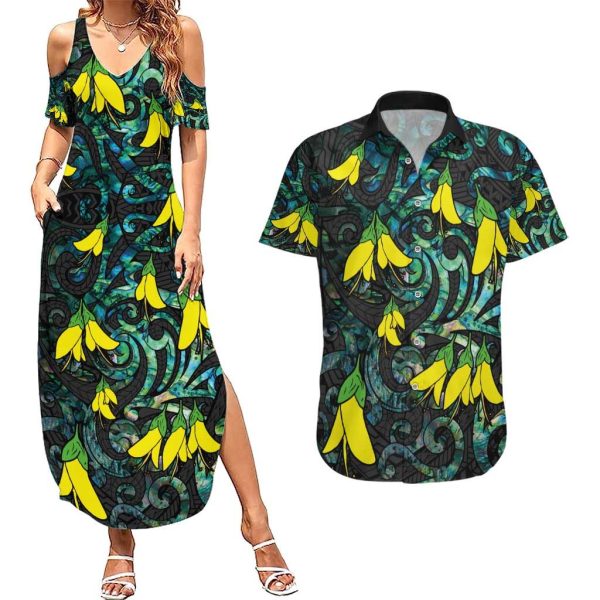 New Zealand Kowhai Flowers Couples Matching Summer Maxi Dress and Hawaiian Shirt Maori Koru Pattern With Paua Shell Style LT03 - No Dress / 4XL / Black