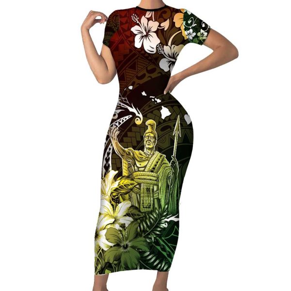 Hawaii King Kamehameha Day Short Sleeve Bodycon Dress Polynesian Pattern Mix Hibiscus Reggae LT05 - Long Dress / M / Reggae