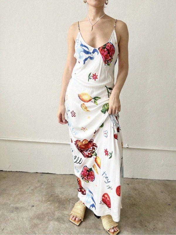 Women's Long Slim Cami Dress Sleeveless V Neck Open Back Fruit Print Beach Dresses