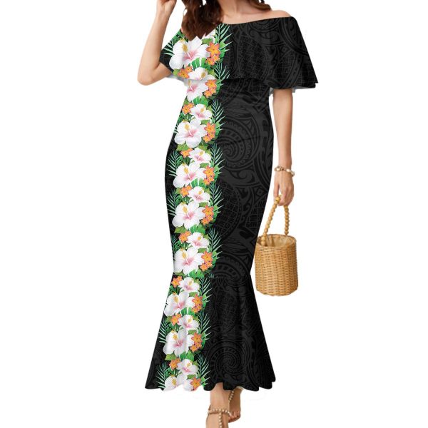 Hawaii Tropical Flowers Tribal Pattern Mermaid Dress No3 LT9 - Women / 2XL / Black