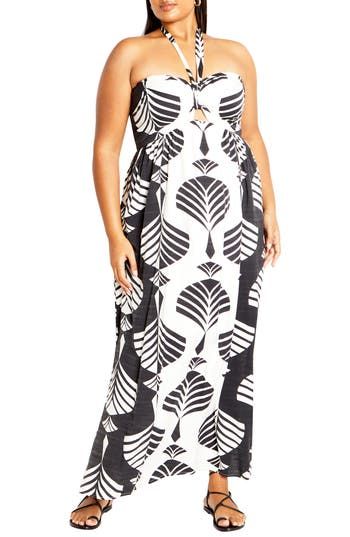 City Chic Peta Floral Border Print Halter Maxi Dress in Empress at Nordstrom