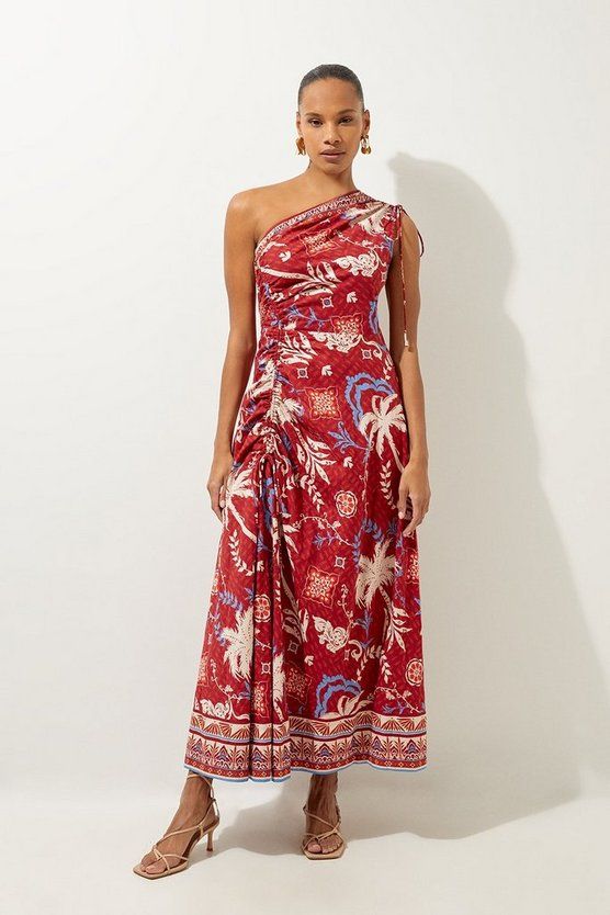 Printed Cotton Voile One Shoulder Midi Beach Dress | Karen Millen