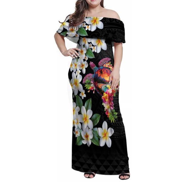 Hawaiian Lei Day Family Matching Off Shoulder Maxi Dress and Hawaiian Shirt Plumeria and Turtle with Polynesian Tribal Pattern LT03 - Mom's Dress / XL / Black