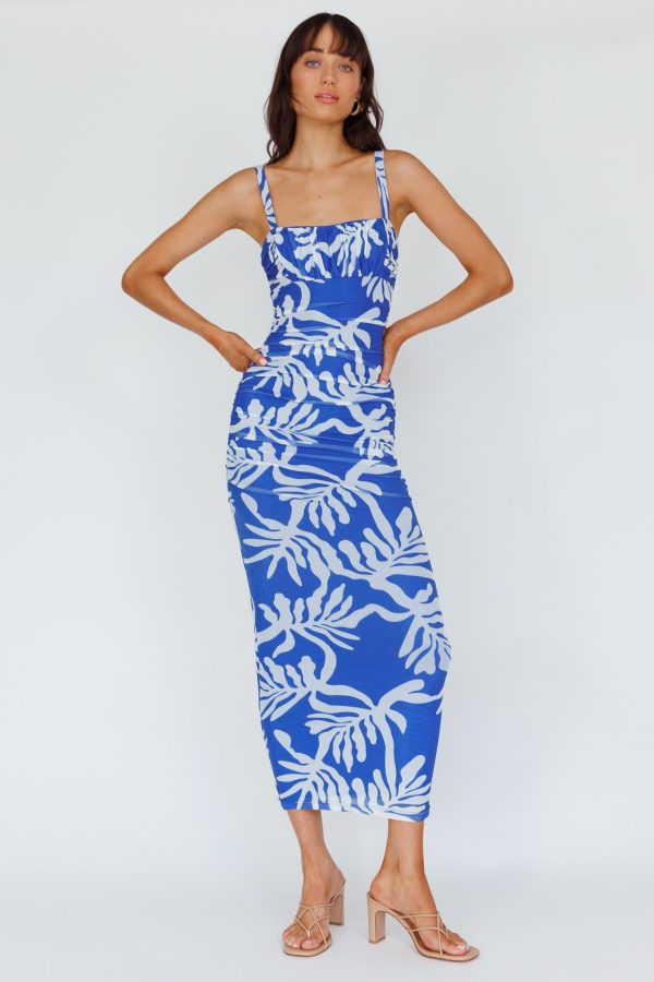 Hawaiian Sun Ruched Bust Midi Dress Print Blue - XS