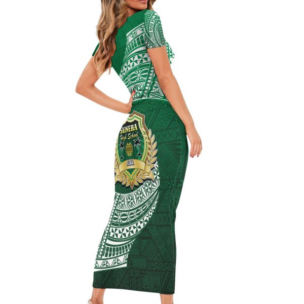 Tonga Saineha High School Short Sleeve Bodycon Dress Traditional Ngatu and Polynesian Pattern LT03 - Long Dress / 4XL / Green