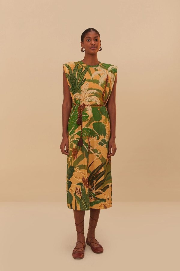 Beige Tropical Isla Padded Shoulders Midi Dress - TROPICAL ISLA BEIGE / XS
