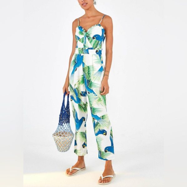 Farm Rio Pants & Jumpsuits | Farm Rio Araras Jumpsuit Parrots Palms Tropical Print Linen Blend Size Large | Color: Green/White | Size: L