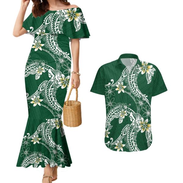 Polynesian Hawaiian Plumeria Tribal Pattern Couples Matching Mermaid Dress and Hawaiian Shirt Green Version LT01 - 3XL / XL / Green