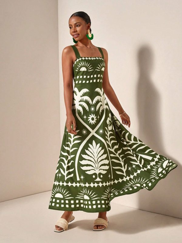 2025Women Summer Vacation Sun And Coconut Tree Print Green Tropical Boho Dress Suitable For Music Festivals, Easter, Weddings, Boho Style, Western Style, Birthdays, Graduations, Students, Daily Casual Wear, All-Match Versatile, Leisure, Cruise Travel, Beach, Sunbathing, Textured Fabric