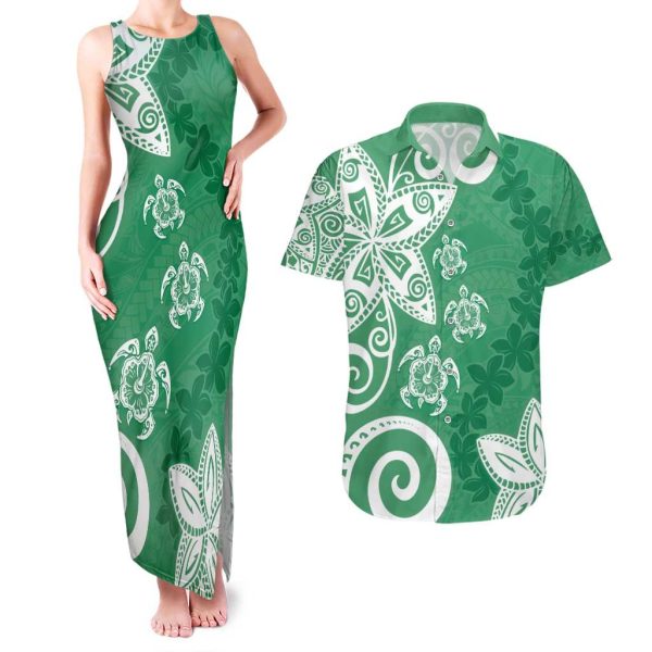 Polynesia Couples Matching Tank Maxi Dress and Hawaiian Shirt Green Tribal Turtle Floral Pattern LT05 - 2XL / 5XL / Green