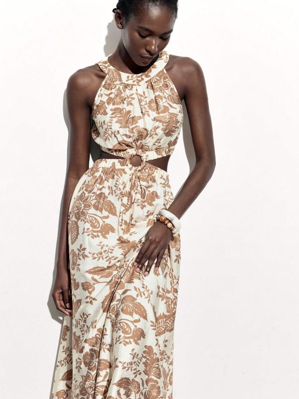 Summer Casual Khaki Flower Print Hollow Out Halterneck Holiday Dress