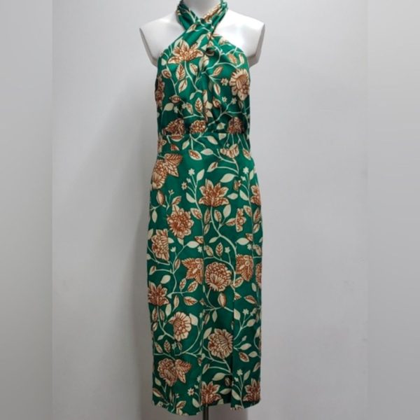 Sezane Dresses | Sezane Jarred Linen Dress Womens Size 8 Gemini Print Halter Tie Side Slit Nwot | Color: Green | Size: 8
