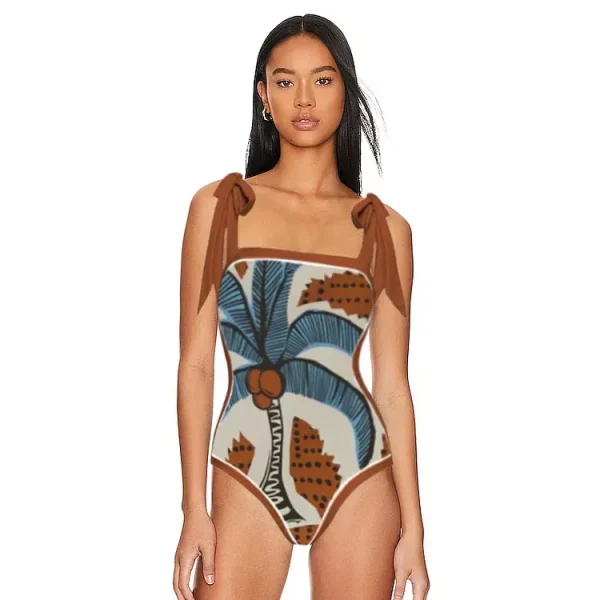Tie-shoulder Coconut Tree Print One Piece Swimsuit and Sarong Flaxmaker