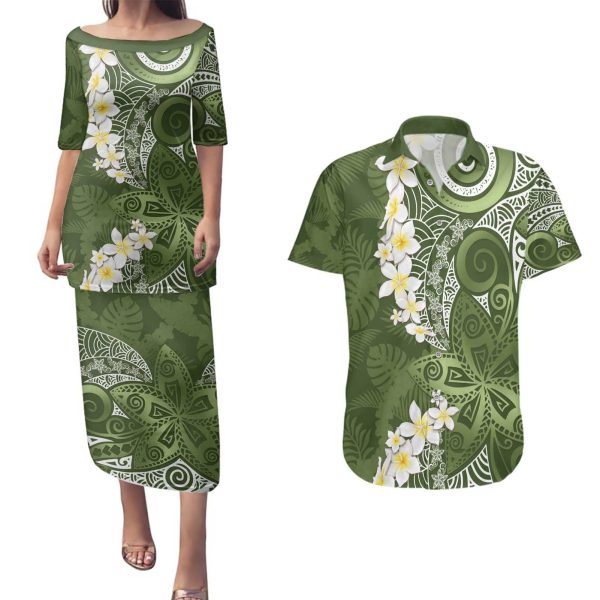 Green Polynesian Tribal Frangipani Tropical Vibe Couples Matching Puletasi and Hawaiian Shirt LT14 - M / 5XL / Green