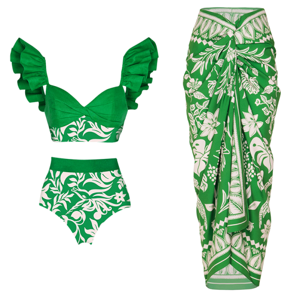 Ruffle Green Bikini Swimsuit and Sarong Flaxmaker Swimsuit and sarong-S