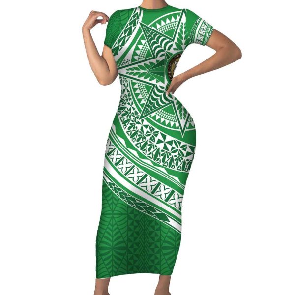 Tonga Liahona High School Personalized Short Sleeve Bodycon Dress Ngatu Tokelaufeletoa Motifs LT7 - Long Dress / 3XL / Green