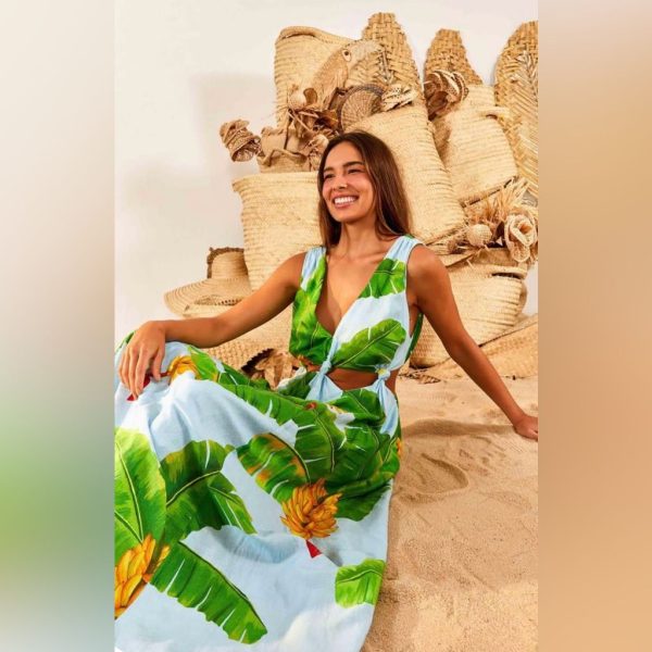 Farm Rio Dresses | Fresh Bananas Cut Out Midi Blue Multi Maxi Dress Hi Low | Color: Blue/Yellow | Size: Mm