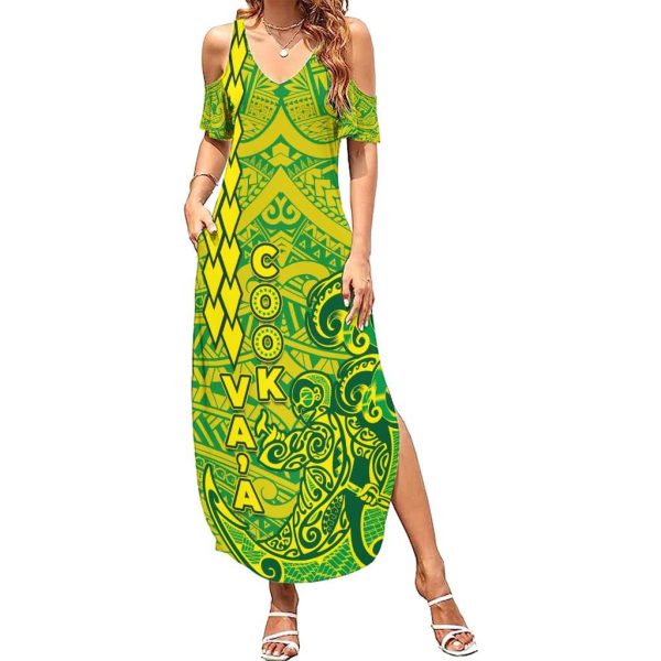 Cook Islands Va'a Polynesian Art Tattoo Summer Maxi Dress National Color LT03 - Women / L / Green - Yellow