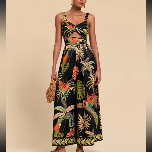 Boho Tropical Print Twisted Cut Out Front Smocked Back Wide Leg Jumpsuit | Color: Black/Green | Size: Various