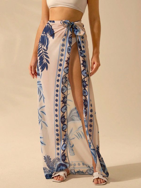 Women's Bohemian Tropical Plant & Bird Blue Print Vacation Casual Beach Scarf Sarong Swimwear Cover-Up