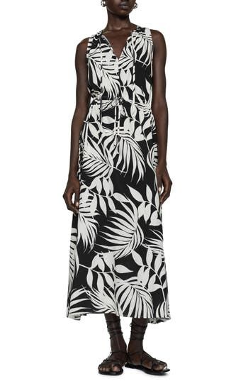 MANGO Palm Frond Sleeveless Midi Dress in Black at Nordstrom, Size 10