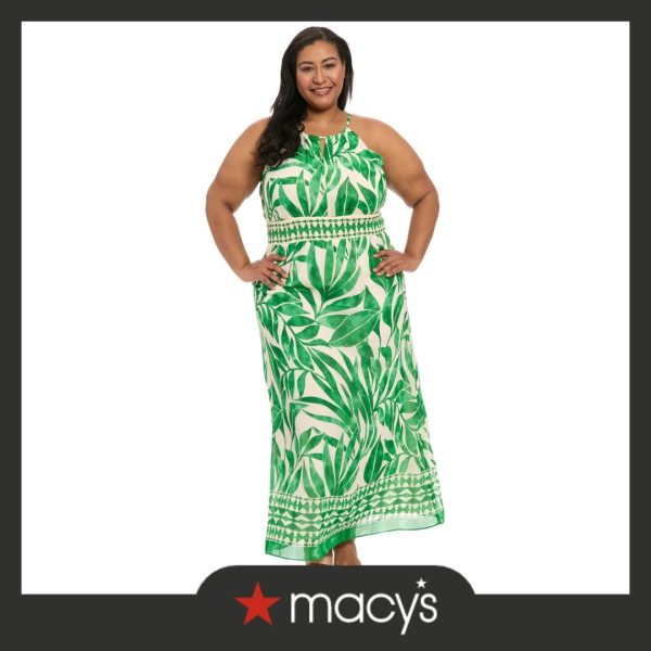 London Times Plus Size Printed Halter-Neck Maxi Dress - Cream Green