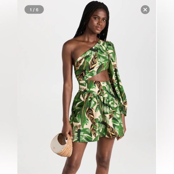 Farm Rio Dresses | Farm Rio Tropical Leaves One Shoulder Mini Dress Size Xs | Color: Green | Size: Xs