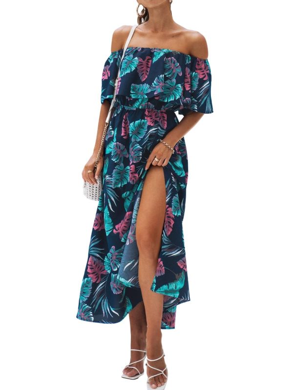 CUPSHE Women Ruffle Floral Maxi Summer Dress Off Shoulder Short Sleeve Backless Flounce Bodice Slit Hem Beach Dresses