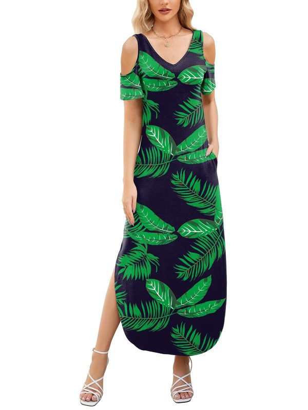 Gracyoga Maxi Dress for Women Casual Summer V Neck Cold Shoulder Short Sleeve Split Long Beach Dresses with Pockets