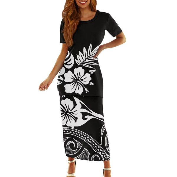 Hdjxbdhsv Puletasi Samoan Traditional 2 Piece Outfits for Women Short Sleeve Crop Top and Maxi Skirt Sets Puletasi Dress