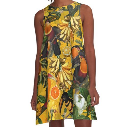 Tropical Toucans And Exotic Fruits Flowers Botanical Garden Vintage Pattern Yellow Nightgarden A-Line Dress