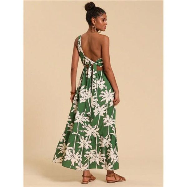 Varit Boutique Dresses | Woven Tropical Palm Tree Print One-Shoulder Dress For Women | Color: Green | Size: Various
