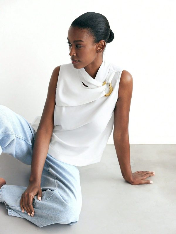 Women's White High Neck Asymmetric Metal Decor Button Top, Modern Office Style For Spring & Summer