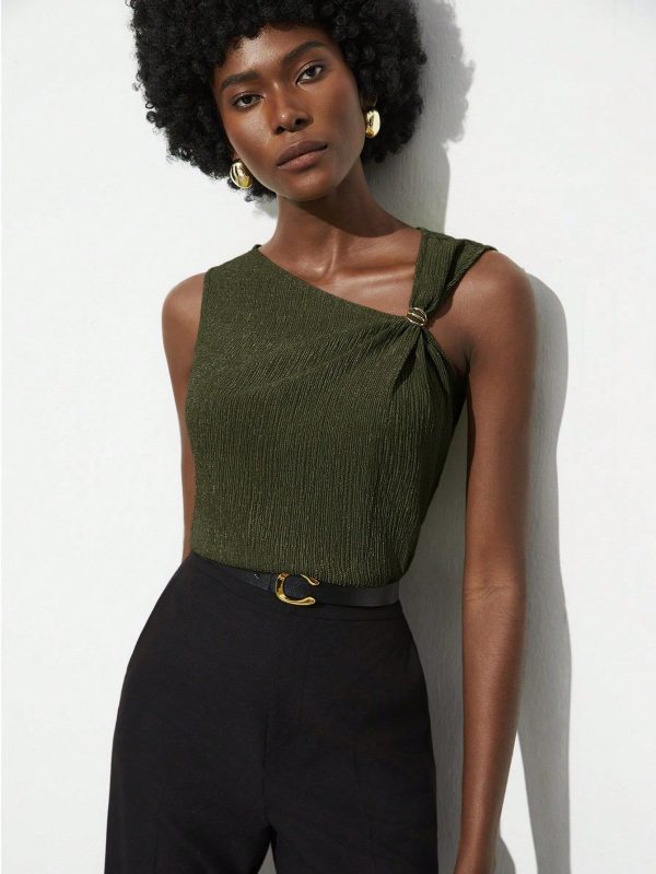 Women's Solid Color Asymmetric Neck Fashionable Ruffle Top