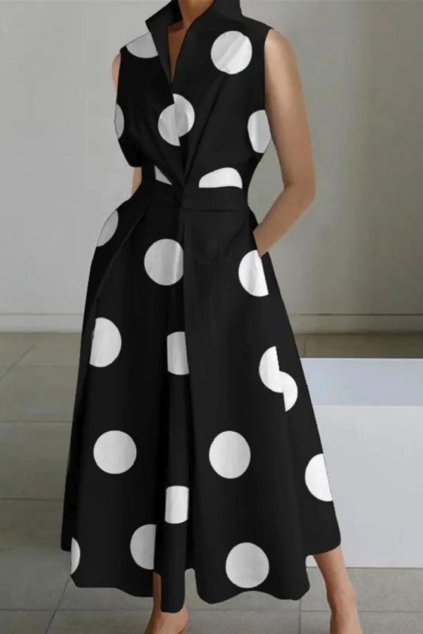 Sleeveless Polka Dot Lapel Midi Dress