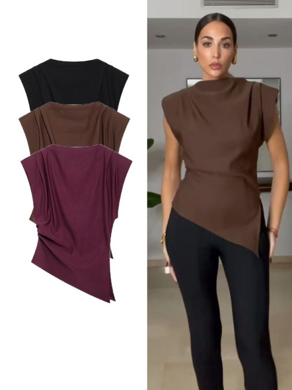 TFMLN 2024 New Summer Women Asymmetrical Folds Tops Fashion Causal Sleeveless Pullover Pleated
