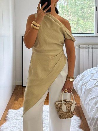 Women Casual Blouses Asymmetrical Linen Blend Regular Fit Sleeveless Plain Summer for Daily