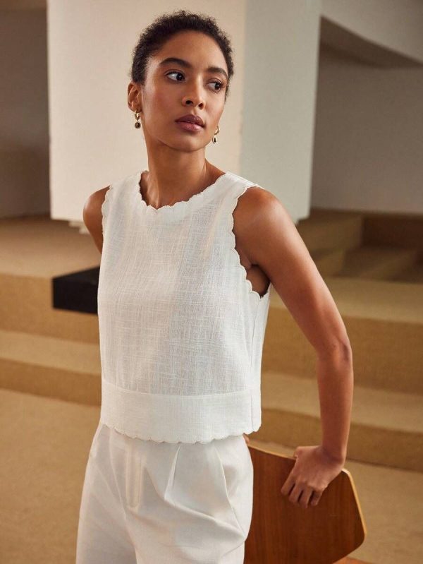 MOTF PREMIUM LINEN SOLID SCALLOP EDGE TANK TOP