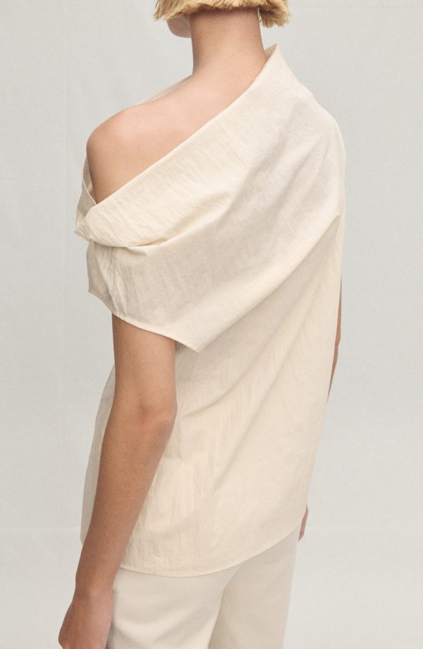 MANGO Asymmetric Off the Shoulder Cotton Blend Top in Ecru at Nordstrom, Size 6