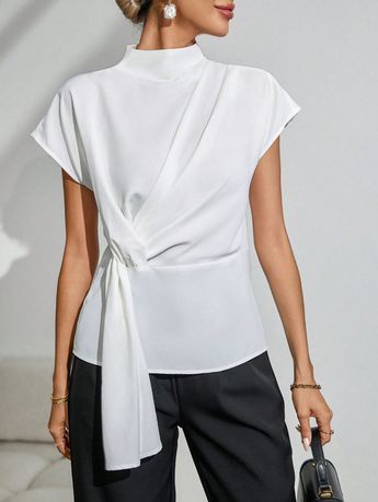 Firerie Women's Summer Simple And Elegant Daily Commute Street Snap Versatile White Top With Stand Collar,Pleated Slim Fit Summer White Top,High-End Front Tie White Summer Top Suitable For Summer Teachers,Business,Wedding,Engagement,Concert/Rave Festival,Graduation
