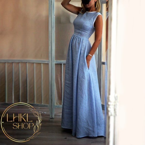 Linen Maxi Dress With Pockets, Sleeveless Dress, Floor Length Dress, Summer Long Dress, Elegant Dress, Wedding Guest Dress, Romantic Dress