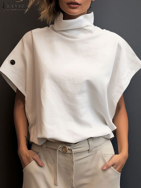 2024 ZANZEA Summer Blouse Women Fashion OL Work Shirt Casual Loose Office Tops Elegant Turtleneck