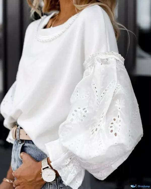 OrcaJump – Exquisite Eyelet Embroidery Lantern Sleeve Blouse