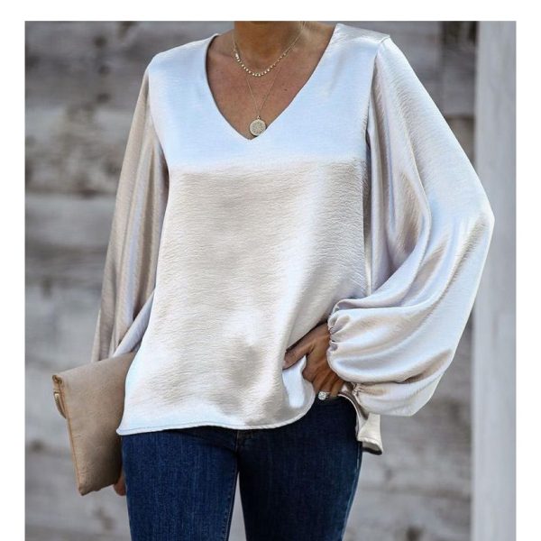 Silvery White Lantern Sleeve Blousy Top | Color: Silver/White | Size: L
