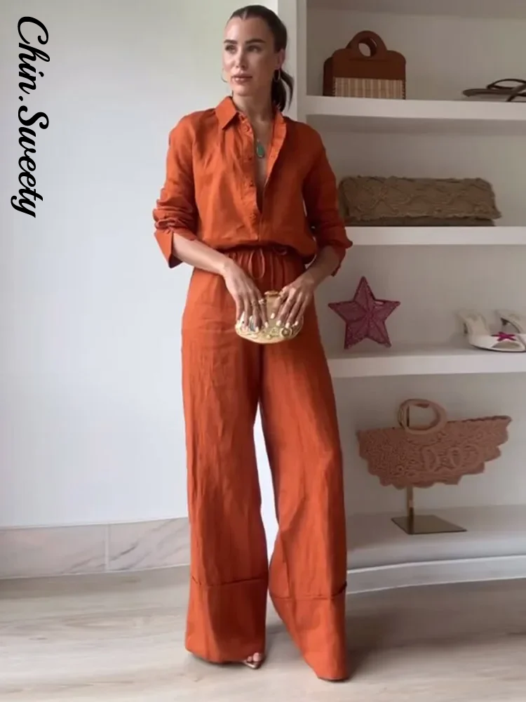 Casual Loose Cotton Linen Women's Trouser Suits Lapel Single Breasted Long Sleeves Sets Female 2025