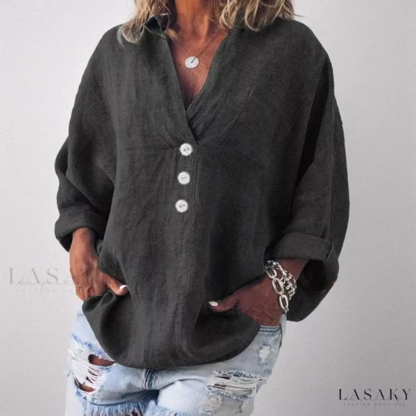 Lasaky - V-Neck Cotton Linen Long-Sleeved Pullover Shirt - black, M