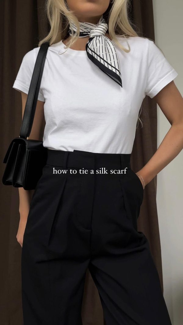 How to tie silk scarf, minimal chic look, parisian style, how to style scarf, fashion hack tip