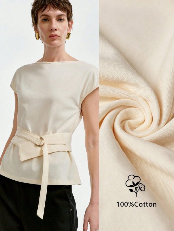 Women Loose Fit Cinched Waist Solid Color T-Shirt, Fashionable For Summer