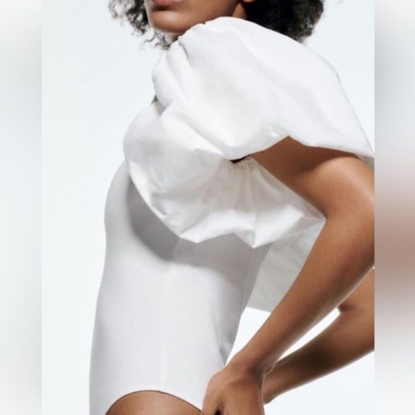 Zara Tops | Zara White Puff Sleeve Bodysuit. Size Small | Color: White | Size: S